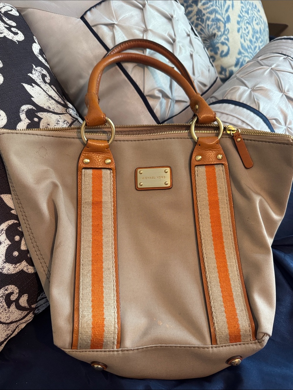 Michael Kors Beige Tote with Orange Stripe Accents